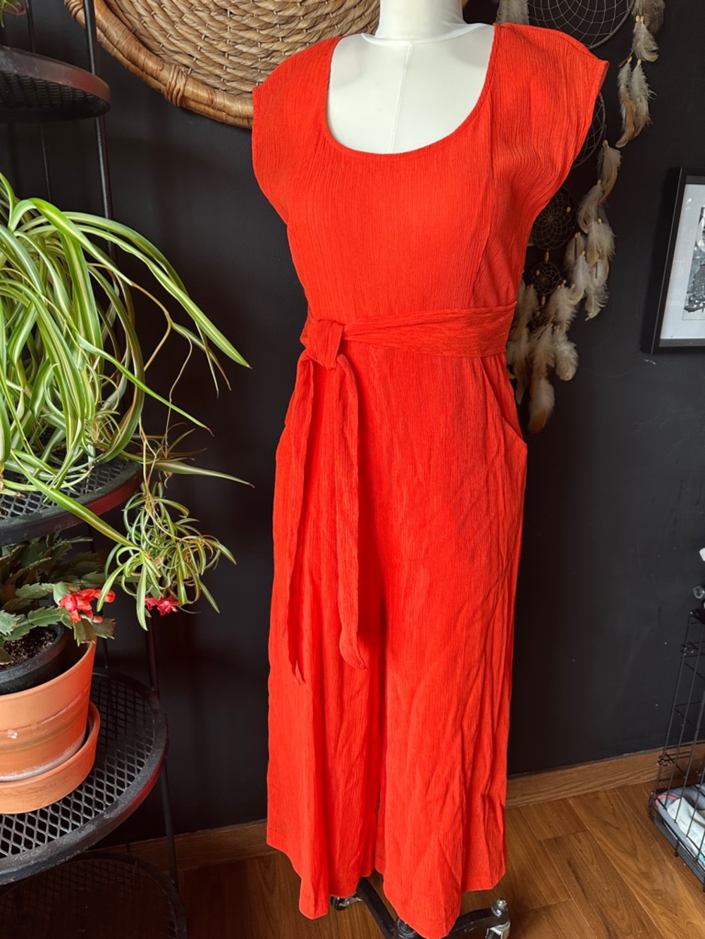 Anthropologie Bold Orange  Red Scoop-Neck Belted Jumper